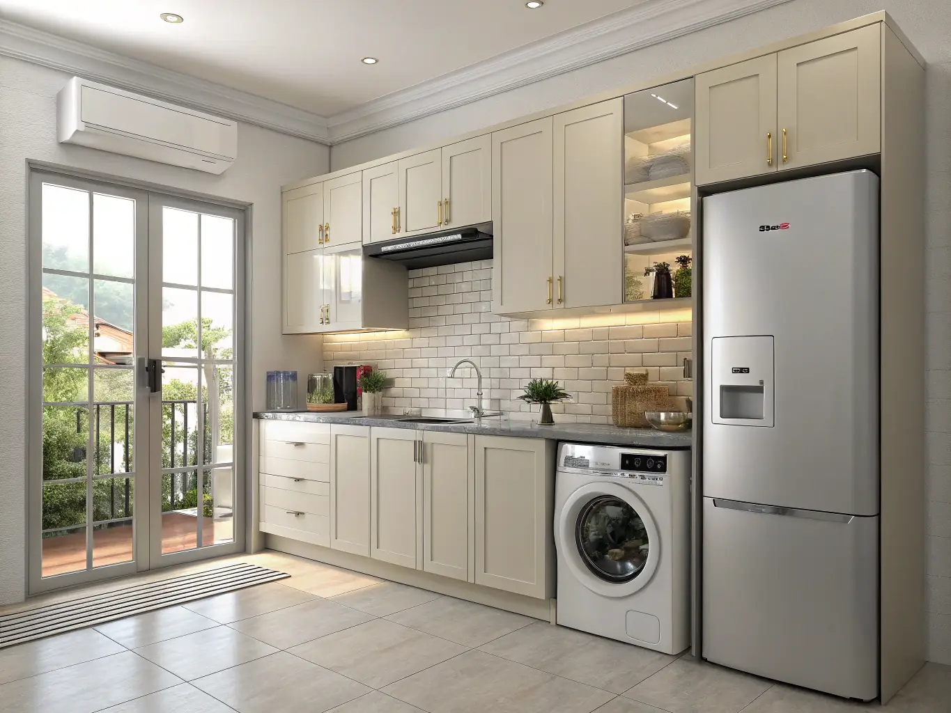 A contemporary kitchen featuring a range of energy-efficient kitchen appliances, including a microwave, oven, and dishwasher, all with Energy Star certifications. The appliances are arranged to showcase their modern design and energy-saving features.