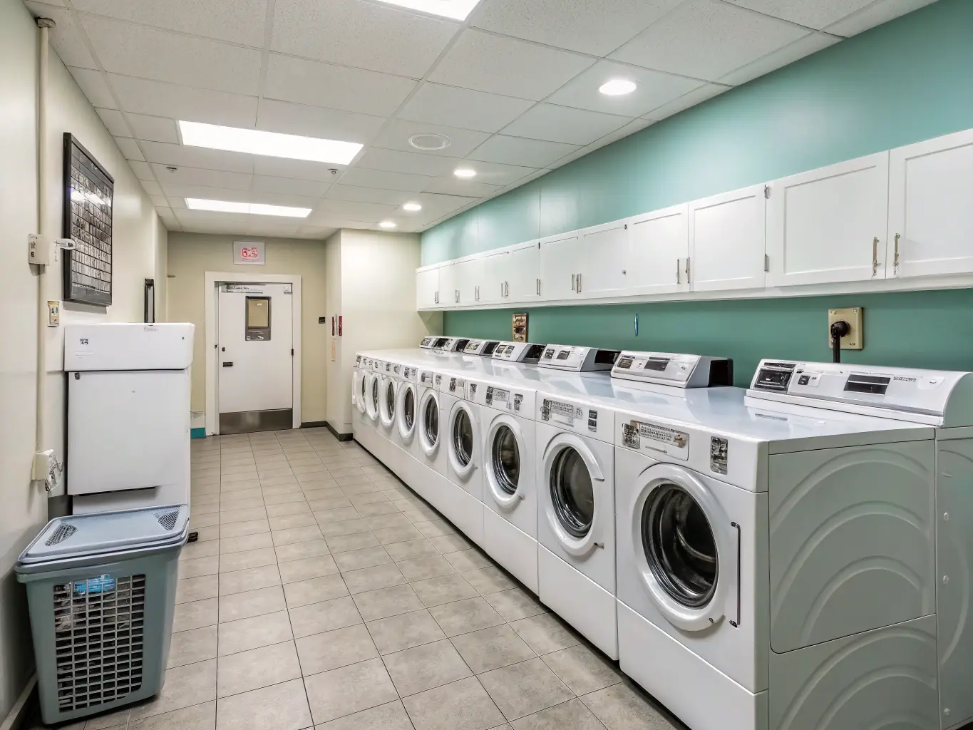 A modern laundry room showcasing an energy-efficient washing machine and dryer set with digital displays and eco-friendly settings. The room is clean and well-organized, highlighting the convenience and environmental benefits of the appliances.
